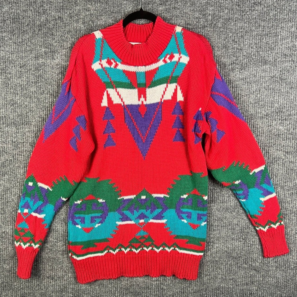 80s Southwestern Knitwear Sweater Cotton Red Oversized Western Cowgirl Rodeo